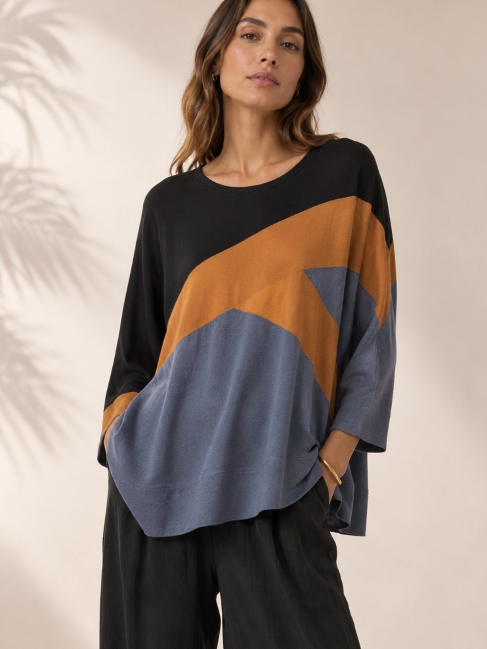 Planet by Lauren G Pima Cotton Colorblock Oversized Tunic Top One Size
